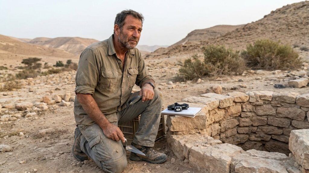 Israeli archaeologist examines ancient well at Beer-lahai-roi in morning light.