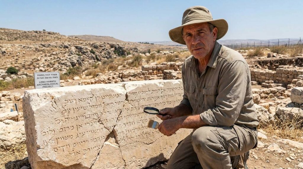 Middle-aged Israeli archeologist examining stone inscriptions at historical site.