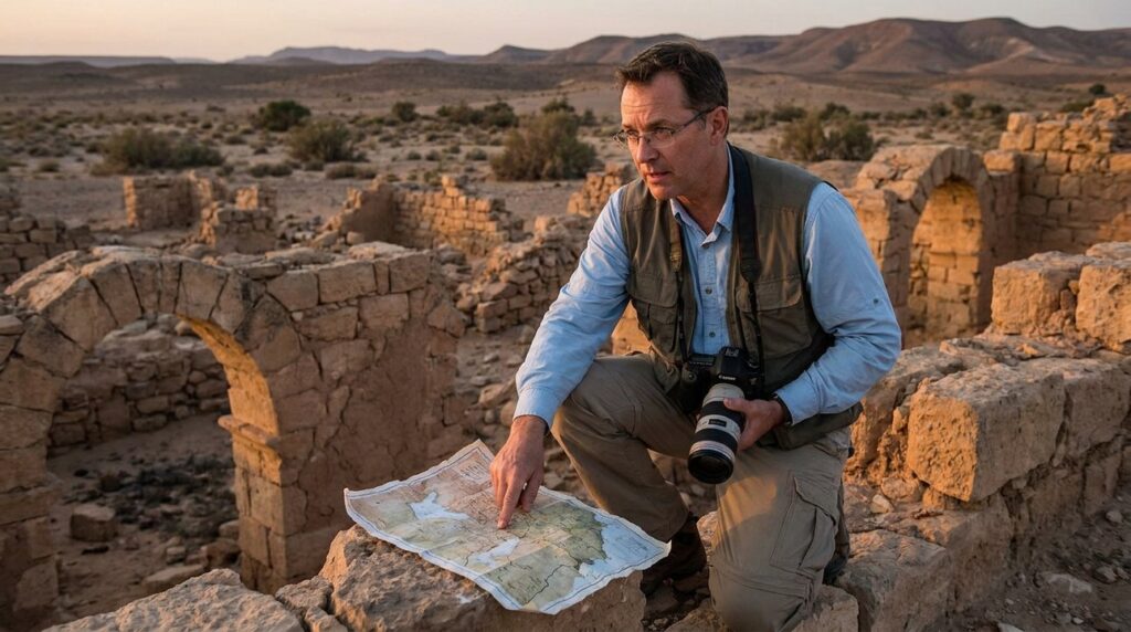 Historian in khaki pants examines stone ruins with map and camera.