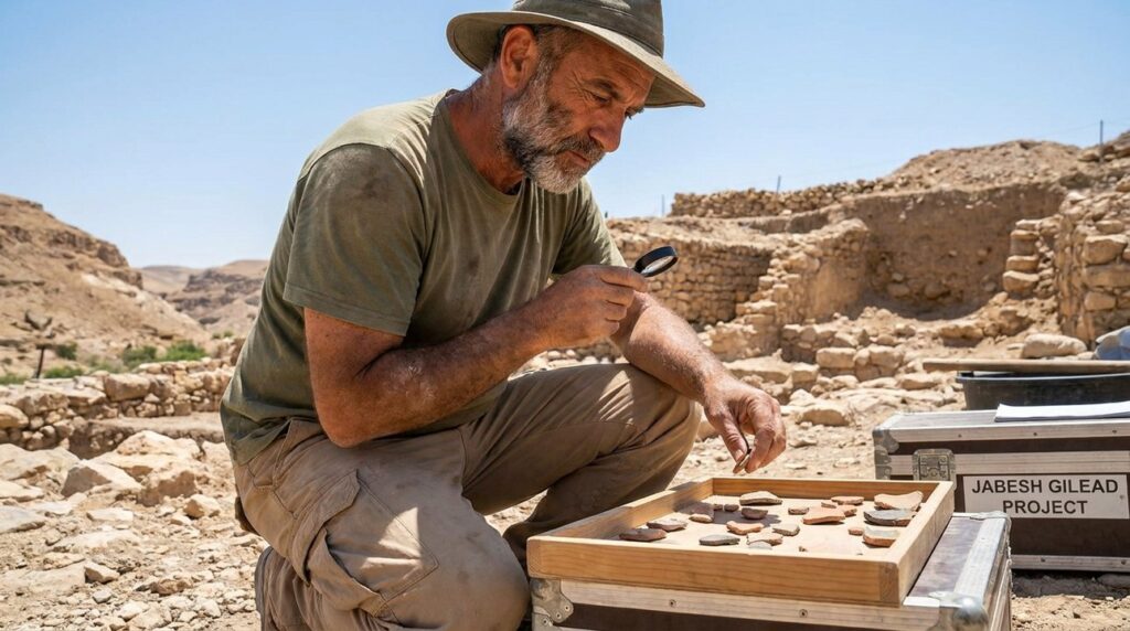 Israeli archaeologist examines artifacts at Jabesh Gilead historical site.
