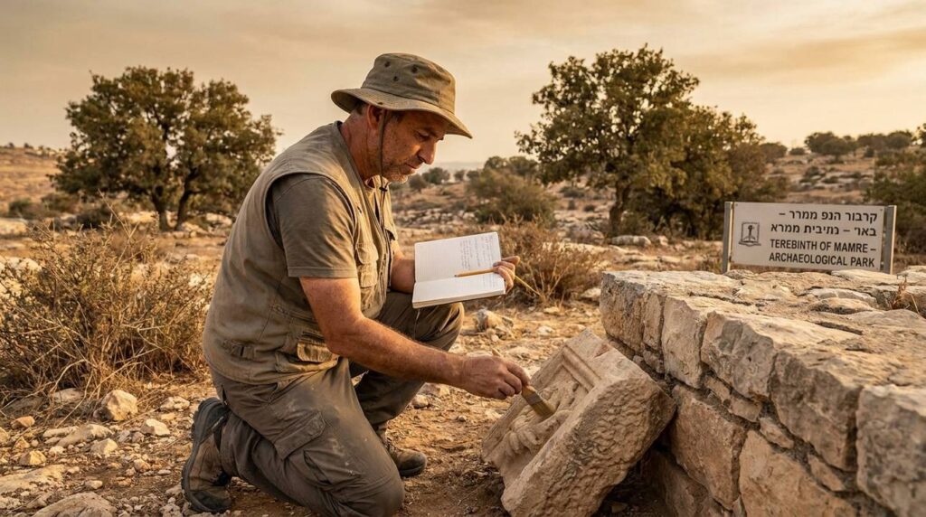 Israeli archaeologist examines Mamre ruins with notebook, sparse vegetation around.