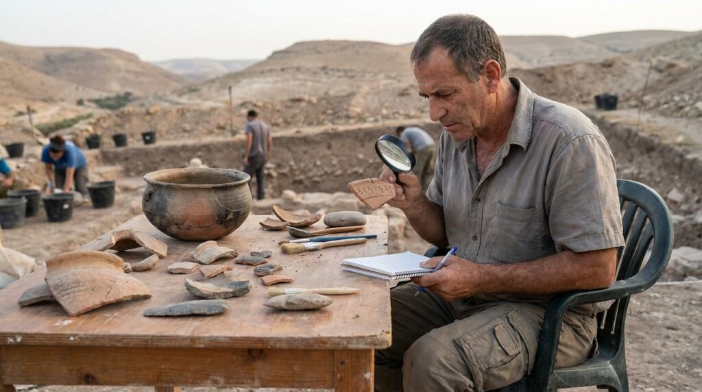 Israeli archaeologist examines ancient artifacts at a dig site.