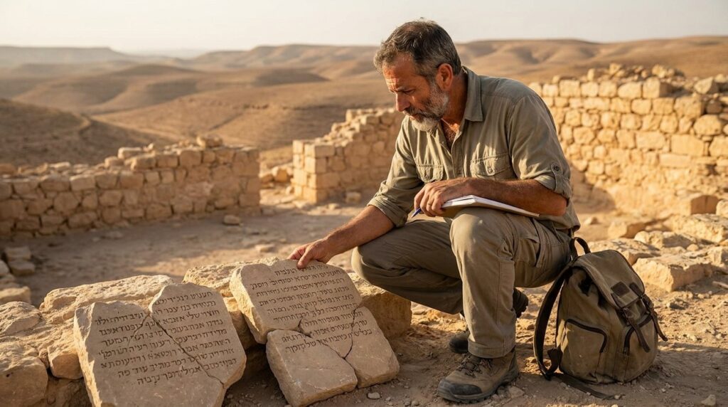 Israeli historian examining stone tablets at Bezer ruins in Negev desert.