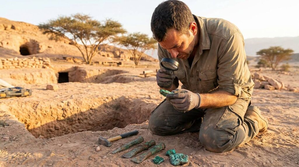 Archaeologist examining ancient tools and copper ore at Timna site.