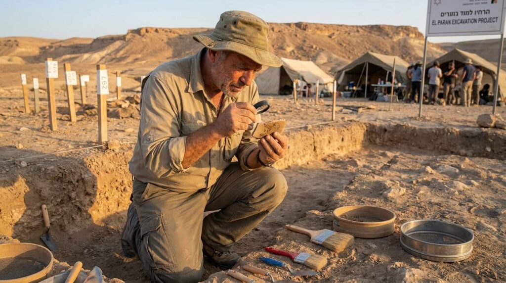 Israeli archaeologist examines pottery shard at El Paran dig site.