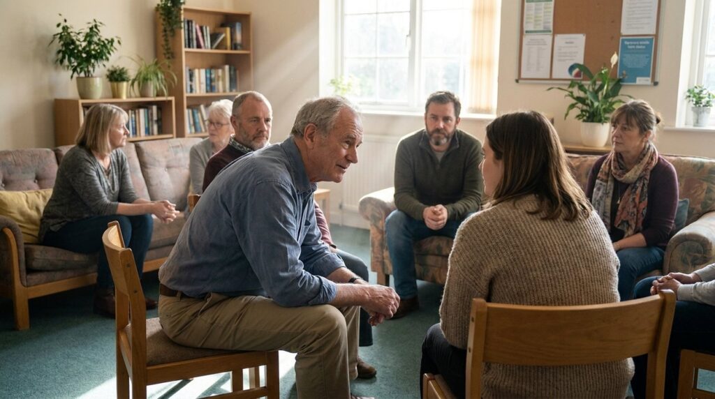 Elderly man discusses thoughtfully with diverse adults in a serene room.