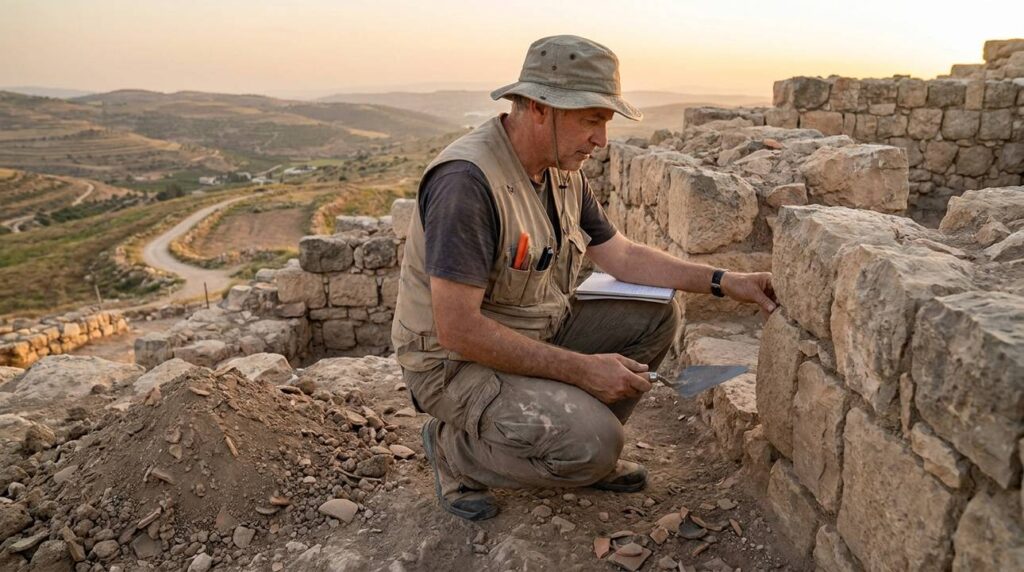 Archeologist examines ancient ruins at Heshbon in evening light.