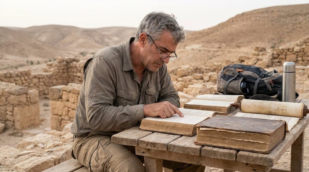 Israeli man studying ancient texts at a table in Negev desert.