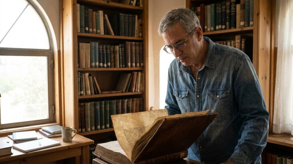 Israeli man in his 50s reads ancient manuscript in sunlit library.