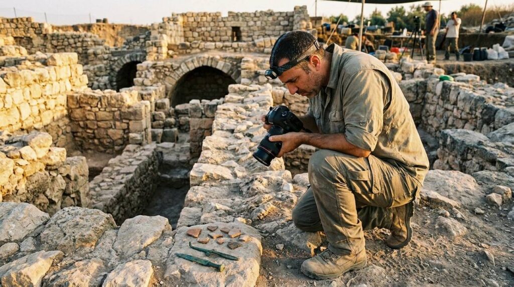 Archaeologist photographing ancient ruins at Tel Hazor, Israel.
