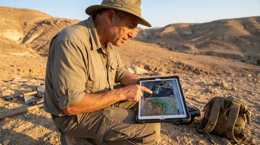 Israeli archaeologist examining digital maps on tablet in Negev desert.