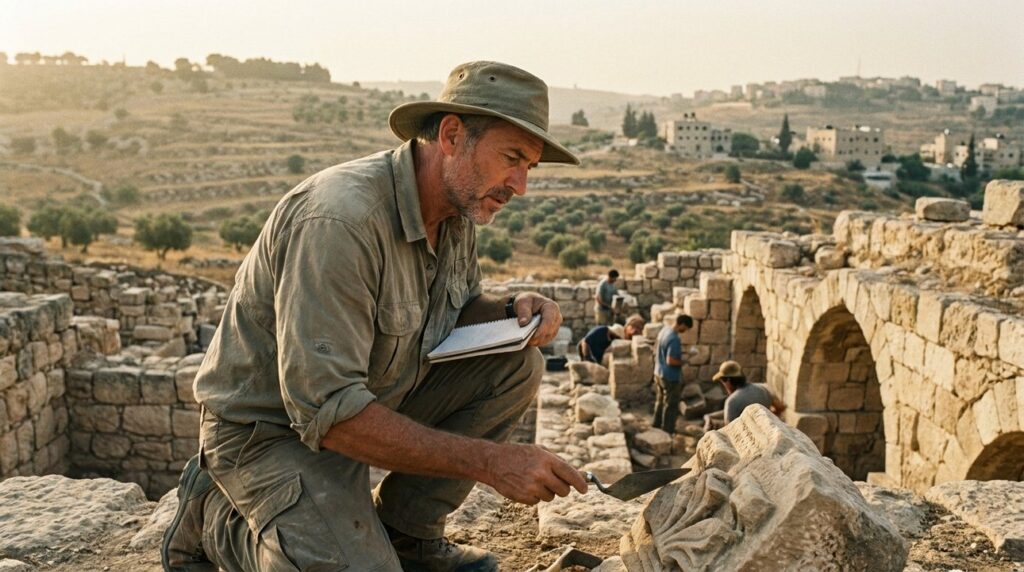 Archaeologist examines ancient stone ruins in Ramah, hills in background.