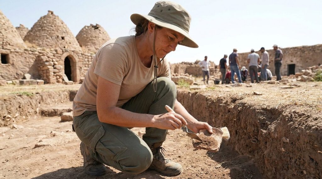 Israeli archaeologist brushes ancient artifact at Harran dig site.