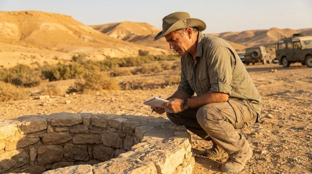 Israeli archeologist taking notes by ancient well in Negev desert.