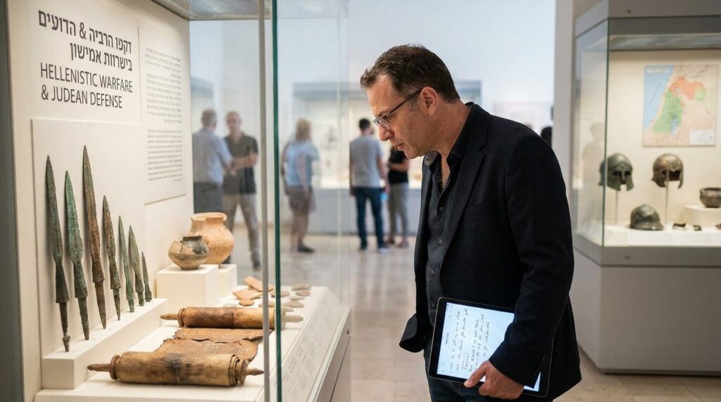 Israeli historian examines ancient military artifacts in a museum.