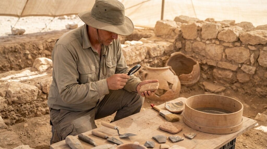 Archaeologist examines artifacts at dig site in Israel with tools.