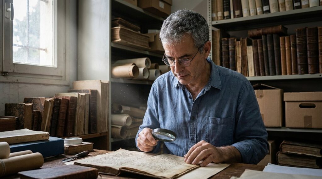 Israeli historian studying ancient manuscripts in a dim archive room.