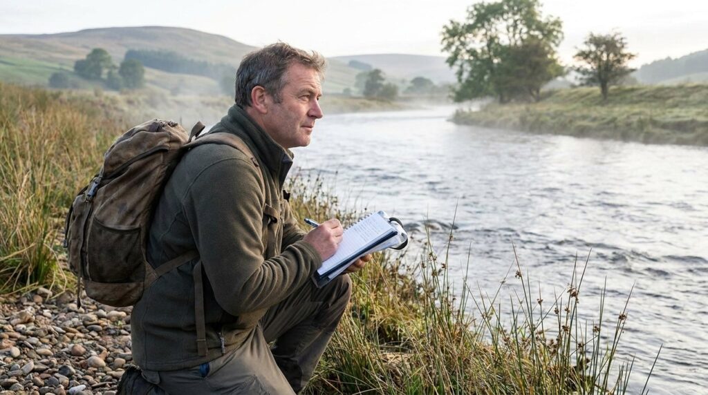 Historian in casual gear taking notes by a river bank.