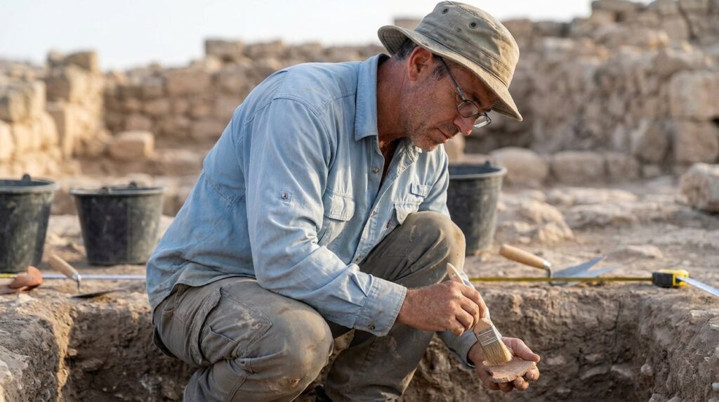 Israeli archaeologist examines pottery shard at historical site in Israel.