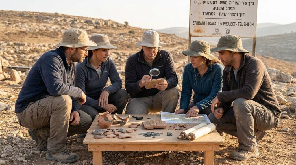 Israeli historians and archaeologists discuss artifacts in Ephraim at sunset.