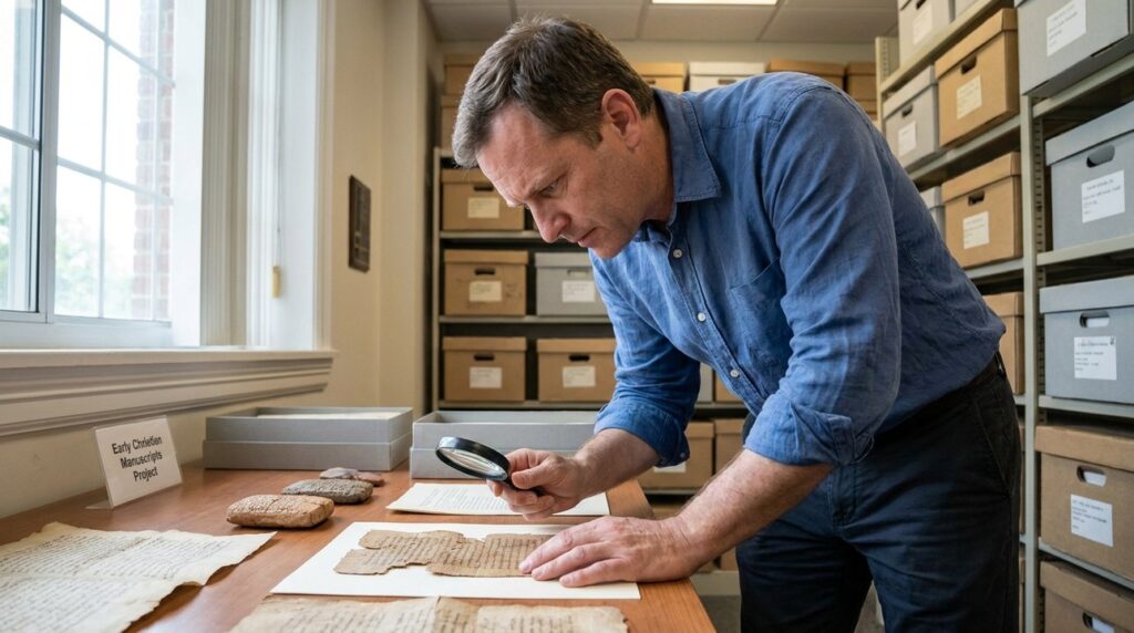 Historian examining ancient manuscripts in a softly lit archive.