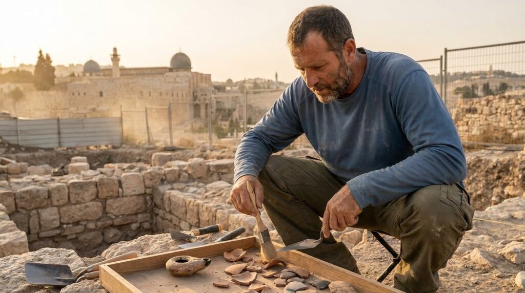Israeli archaeologist examines Roman artifacts near Temple Mount at sunset.