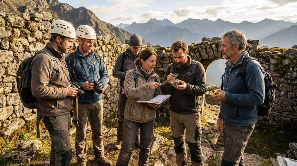 Researchers and historians examining ancient ruins on a mountain.