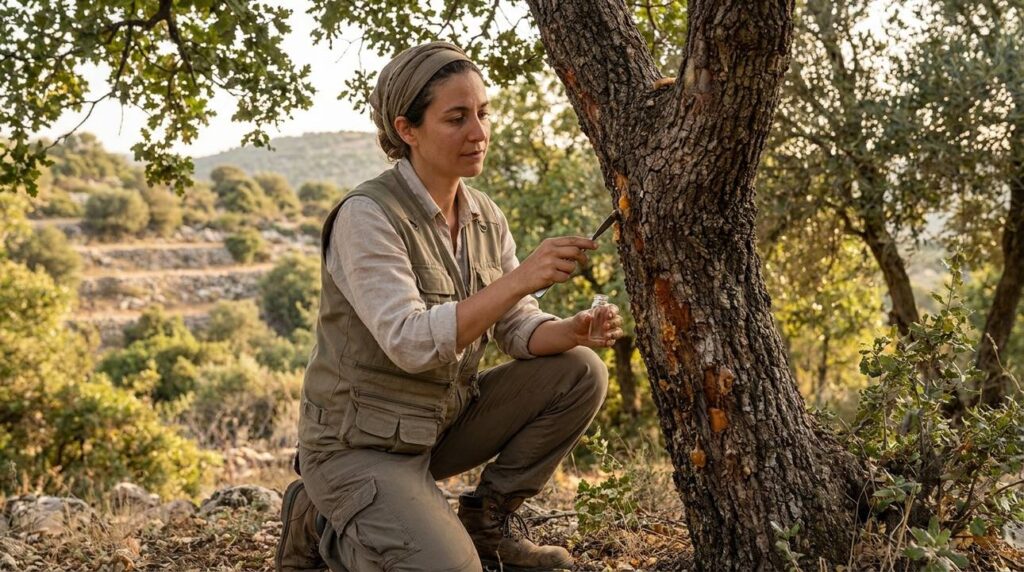 Israeli botanist examines resin on trees in Gilead forest.