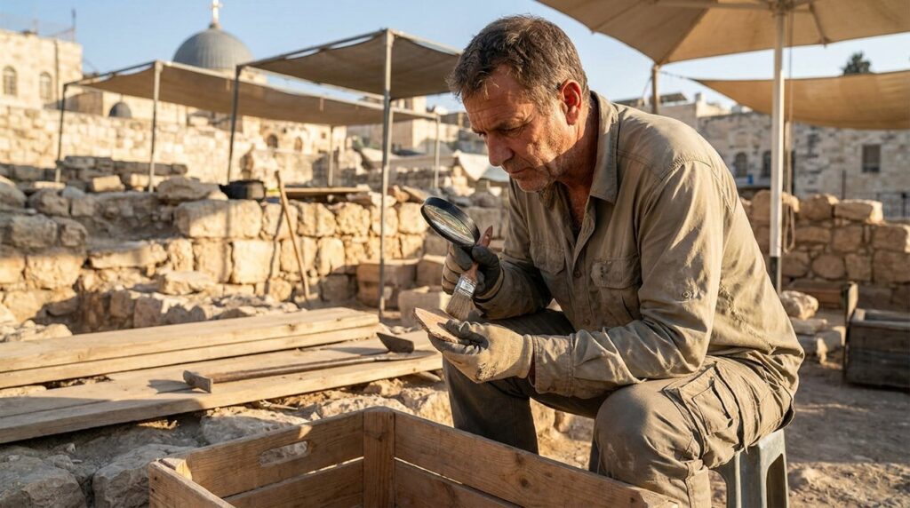 Israeli archaeologist examines artifacts at Church of the Holy Sepulcher dig site.