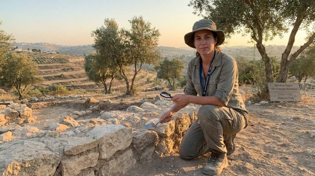 Israeli archeologist examines ancient ruins in Ephrathah at sunset.