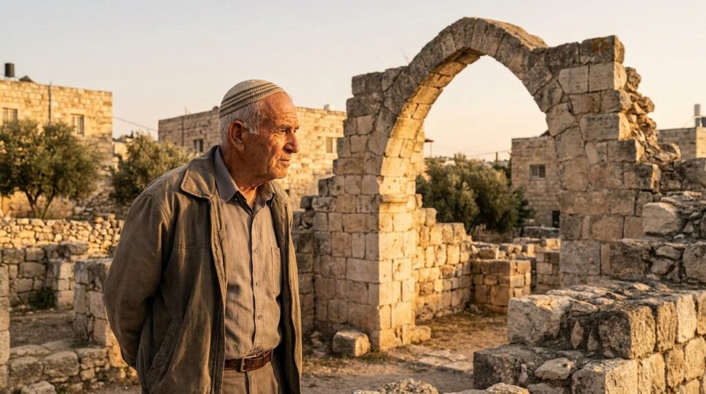 Elderly Israeli man contemplating ancient ruins in Shechem at sunset.