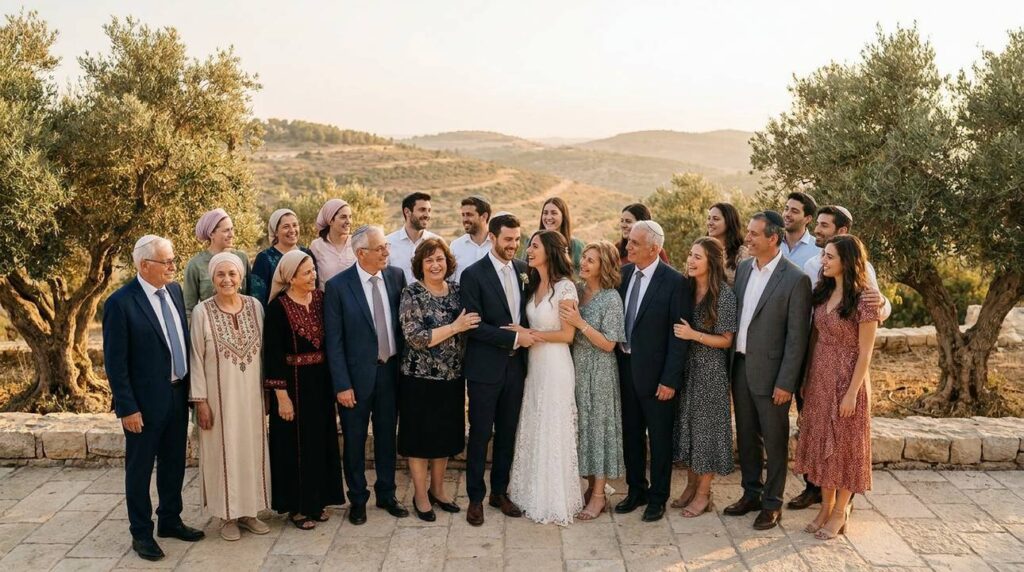 Elderly family surrounds young couple at outdoor wedding in Israel.