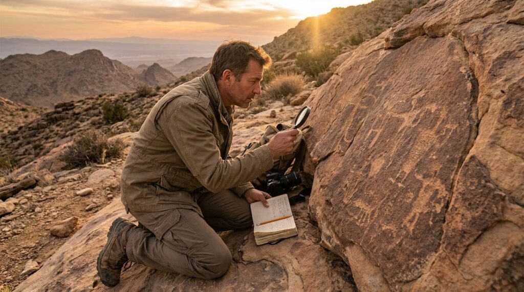 Researcher in outdoor gear examines inscriptions on Mount Paran at sunset.