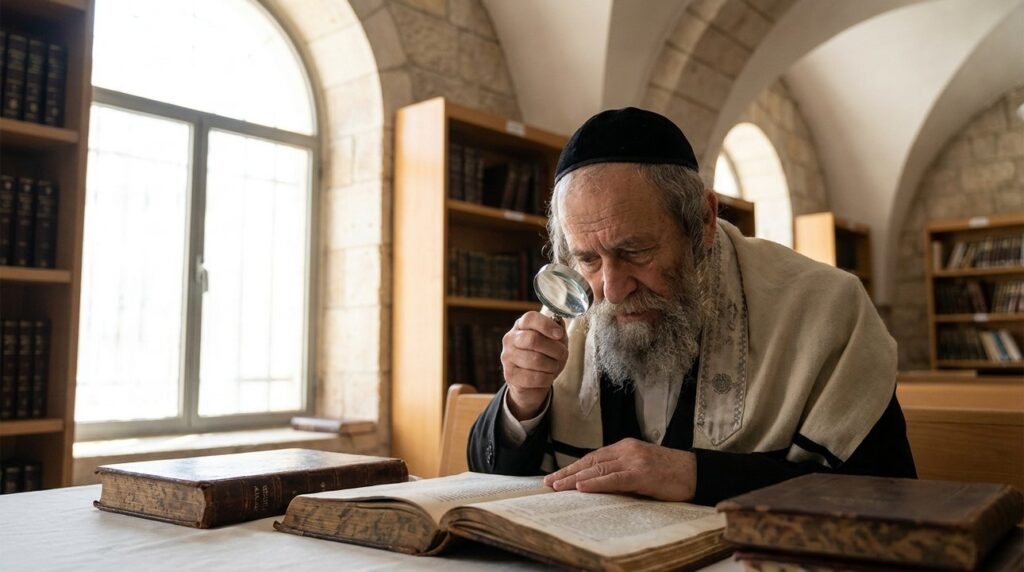 Elderly Jewish man reading ancient texts in a quiet library.