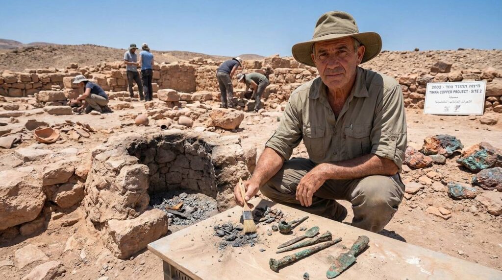 Israeli archaeologist examines ancient tools at Timnah archaeological site.