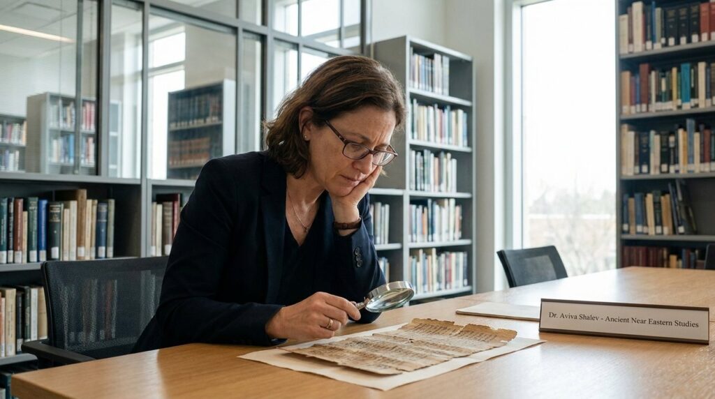 Israeli scholar examines ancient scrolls in a contemporary library.