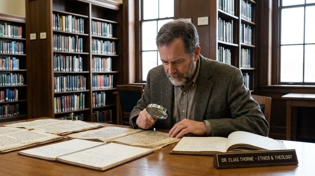 Scholar in smart casual attire examining manuscripts in a library.