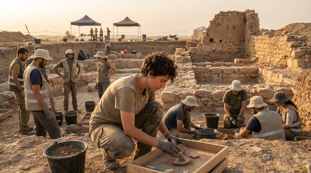 Diverse archaeologists examining artifacts at Beersheba dig site in soft light.