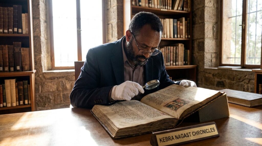 Ethiopian historian examines ancient manuscripts in a traditional library.