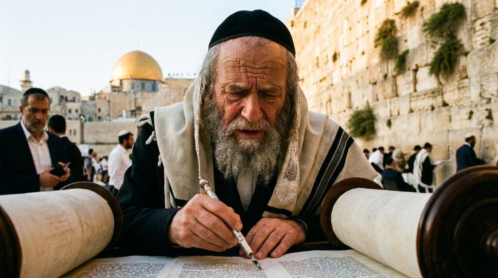 Elderly Orthodox Jewish man reading Torah at Western Wall.