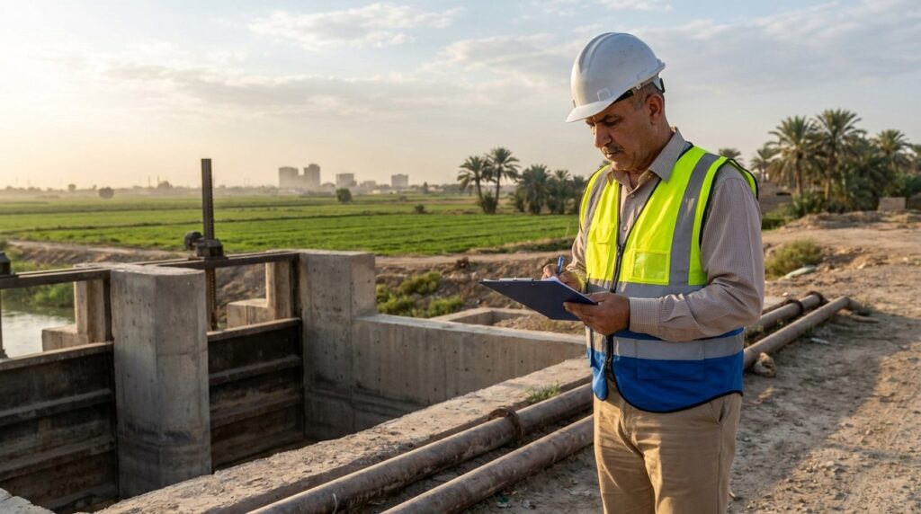 Iraqi engineer checks water levels by Tigris River near Baghdad.