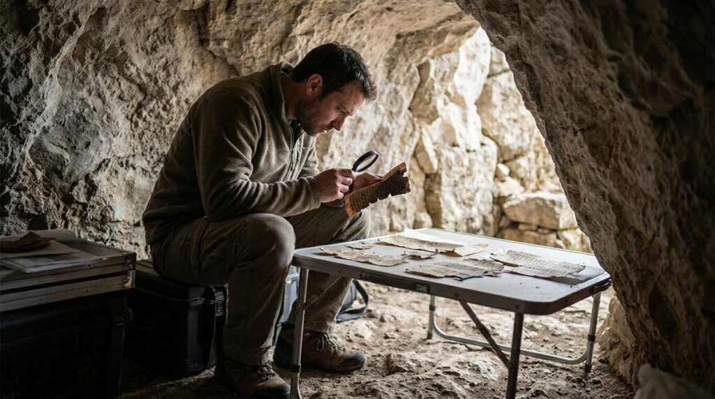 Israeli historian examines ancient manuscripts in Cave of Adullam.