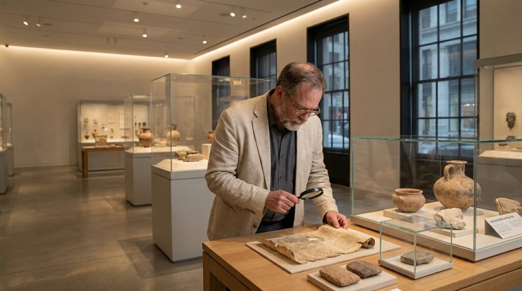 Middle Eastern historian examining ancient texts in a modern museum.