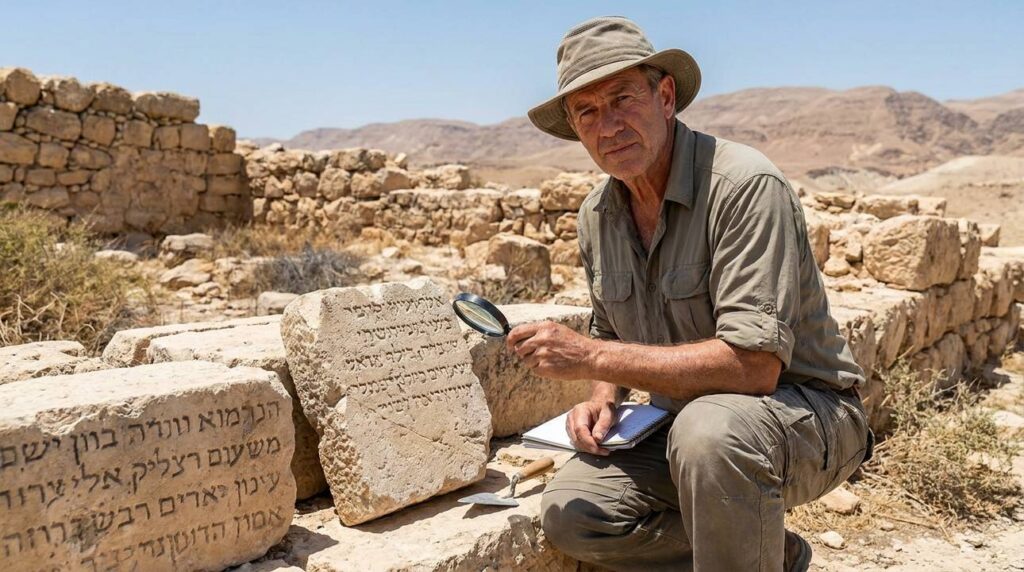 Israeli historian examining ancient inscriptions in the Judean desert.
