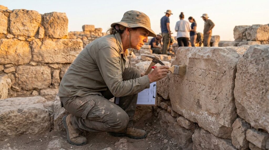 Israeli archaeologist examines stone ruins, holding tools and a clipboard.