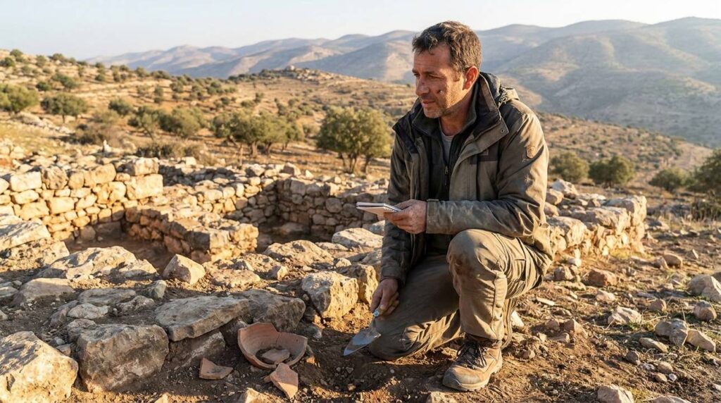 Archaeologist examining ancient ruins in Gilead with soft morning light.