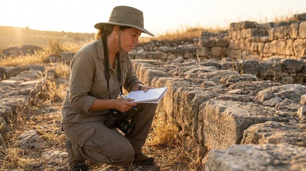 Israeli researcher examines ancient ruins at En-Hakkore with notepad and camera.