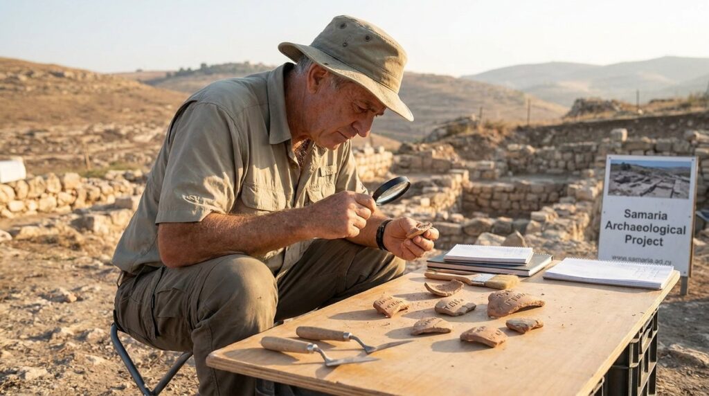 Israeli archaeologist examines pottery shards with magnifying glass at dig site.