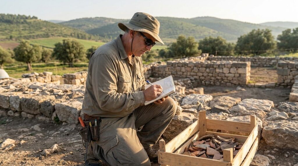 Israeli archaeologist documents artifacts at Harosheth Haggoyim historical site.