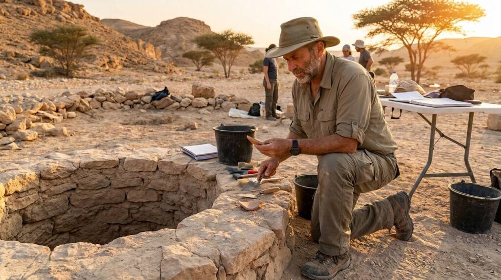 Israeli archeologist examining ancient well sites in the Negev desert.